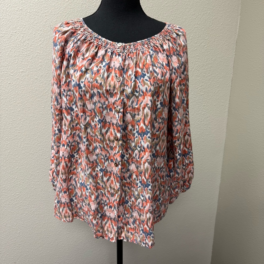 Sundance Silk Boho Blouse Orange Blue Ikat Peasant Top Large Button Front - Picture 2 of 8